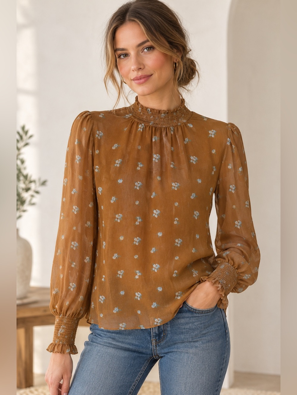 NWT ARITZIA Wilfred Valencia Blouse Rich Chestnut Floral Size Medium